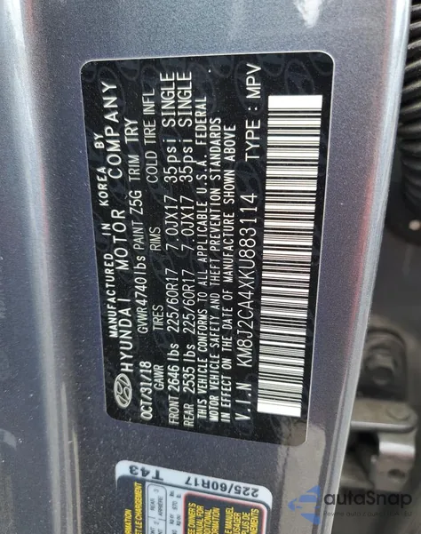 2019 Hyundai Tucson Se из США, поврежденный, VIN KM8J2CA4XKU883114